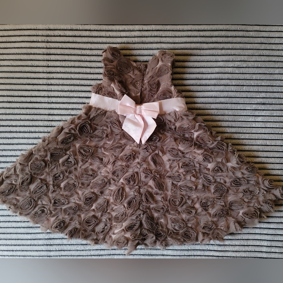 Wendy Bellissimo Baby Girl Taupe/Pink Rosette Dress Size 12 Months 2Pcs - Picture 4 of 7